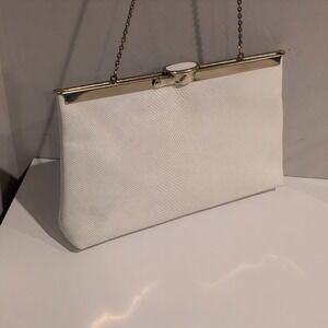 Vintage 70s Etra Genuine Leather White Clutch Gold Accents Chain Strap Kiss Lock